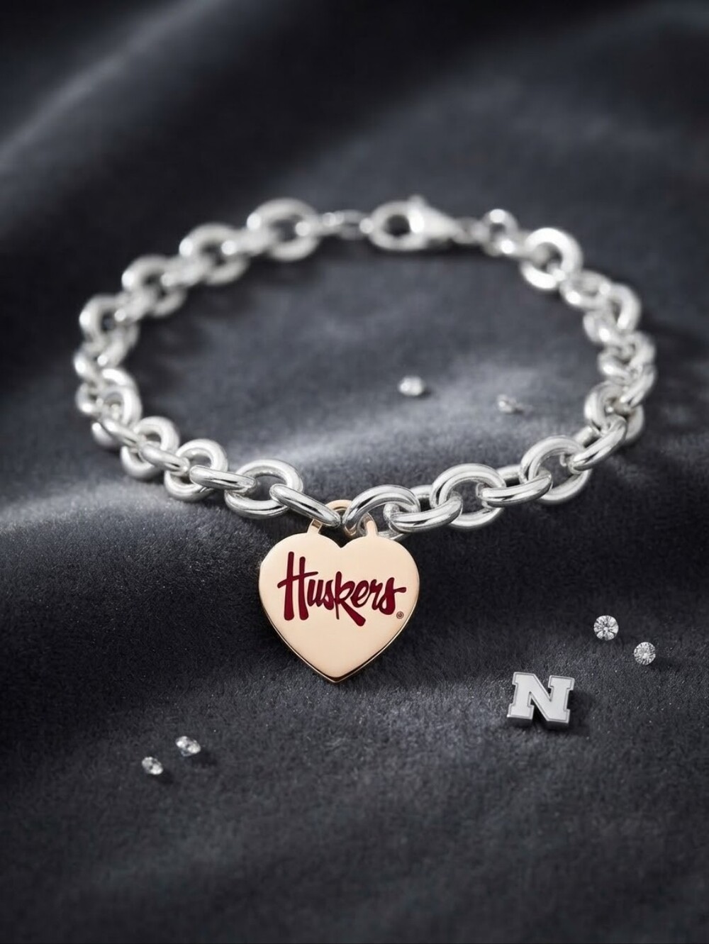 Vintage Nebraska Cornhuskers Heart Charm Bracelet Silvertone NCAA Y2K CC